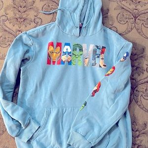 MARVEL HOODIE. Unisex size small. Light blue -great condition